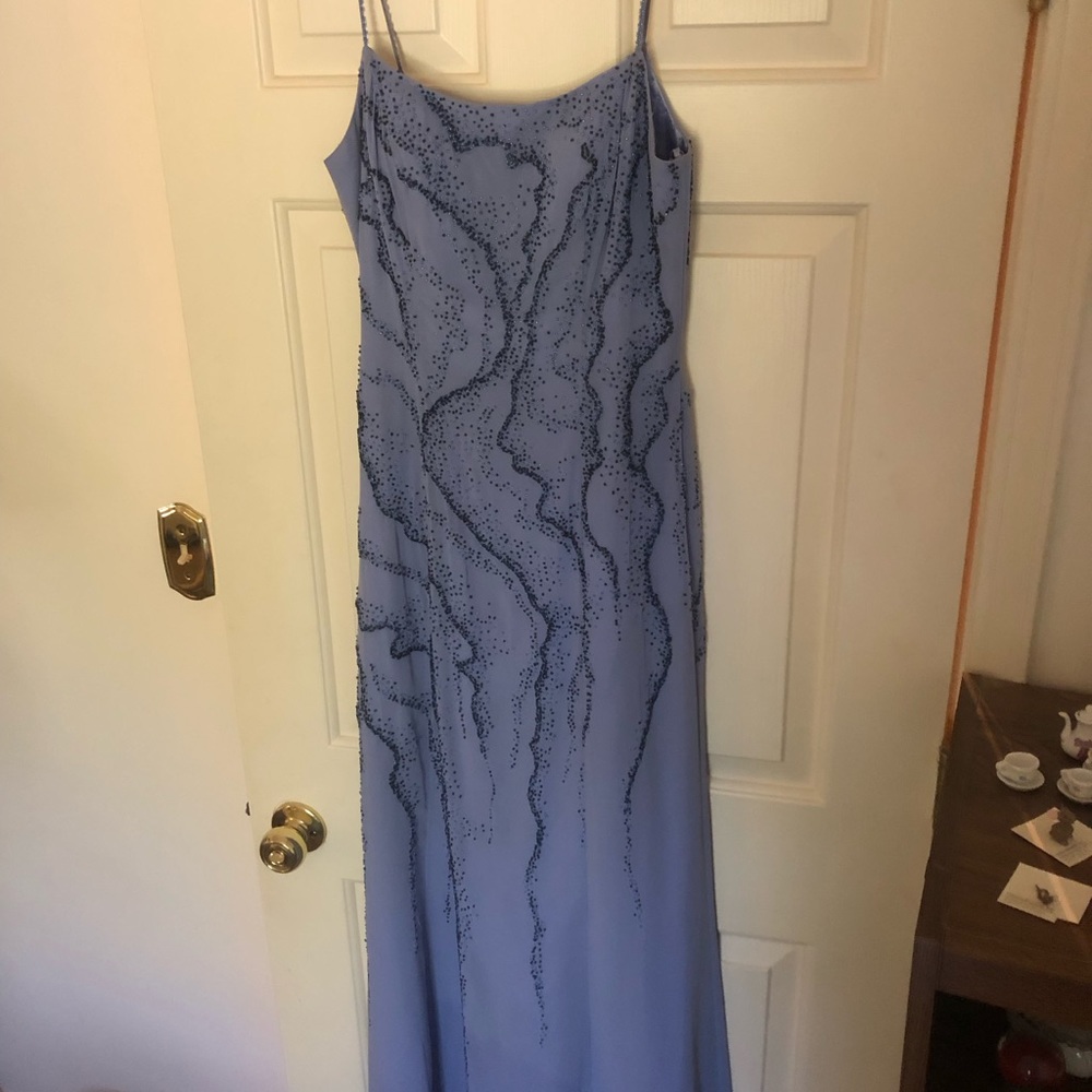 Blue beaded spaghetti strap formal long gown